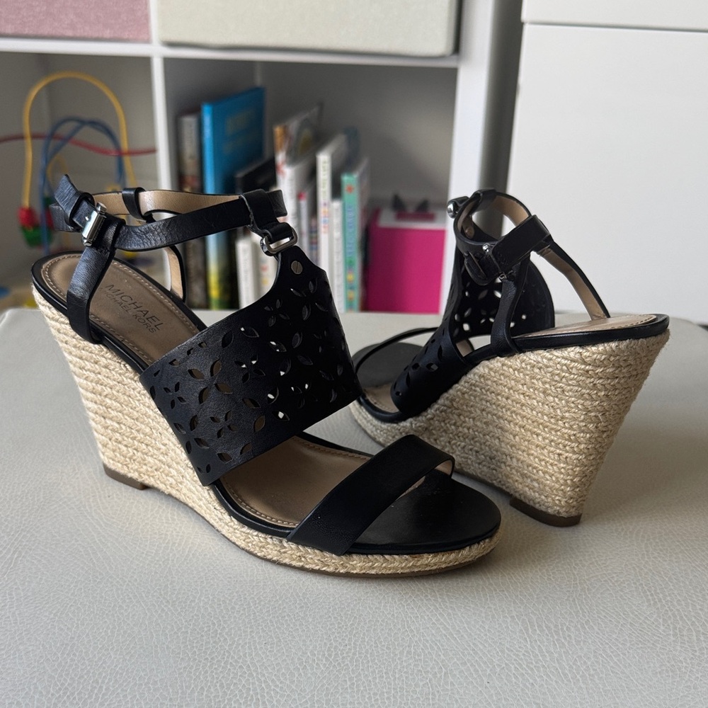 Michael Kors Black Laser-Cut Leather Espadrille Wedge Sandals